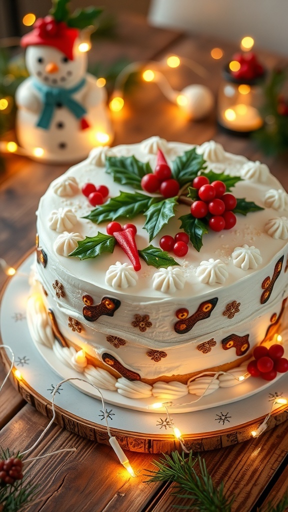 A festive Christmas cake decorated with marzipan and icing, surrounded by holiday decorations.